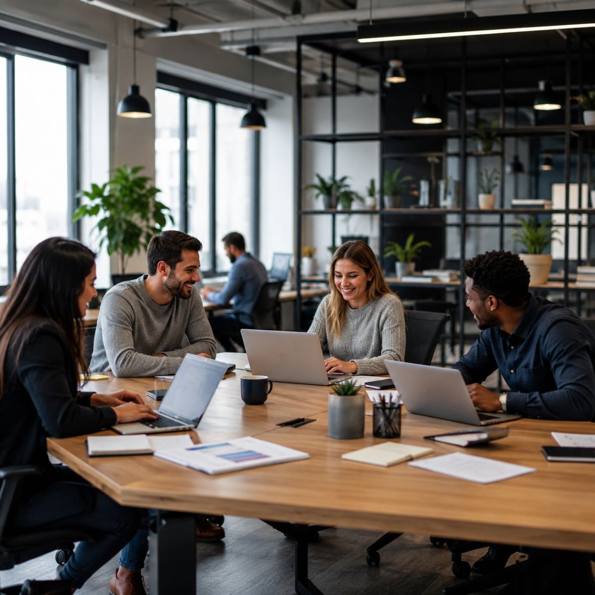 mobiliario trabajo en equipo en oficina colaborativa moderna